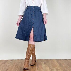 Handmade 100% Linen Midi Skirt Pleated Button Up High Rise Vintage Retro Rustic